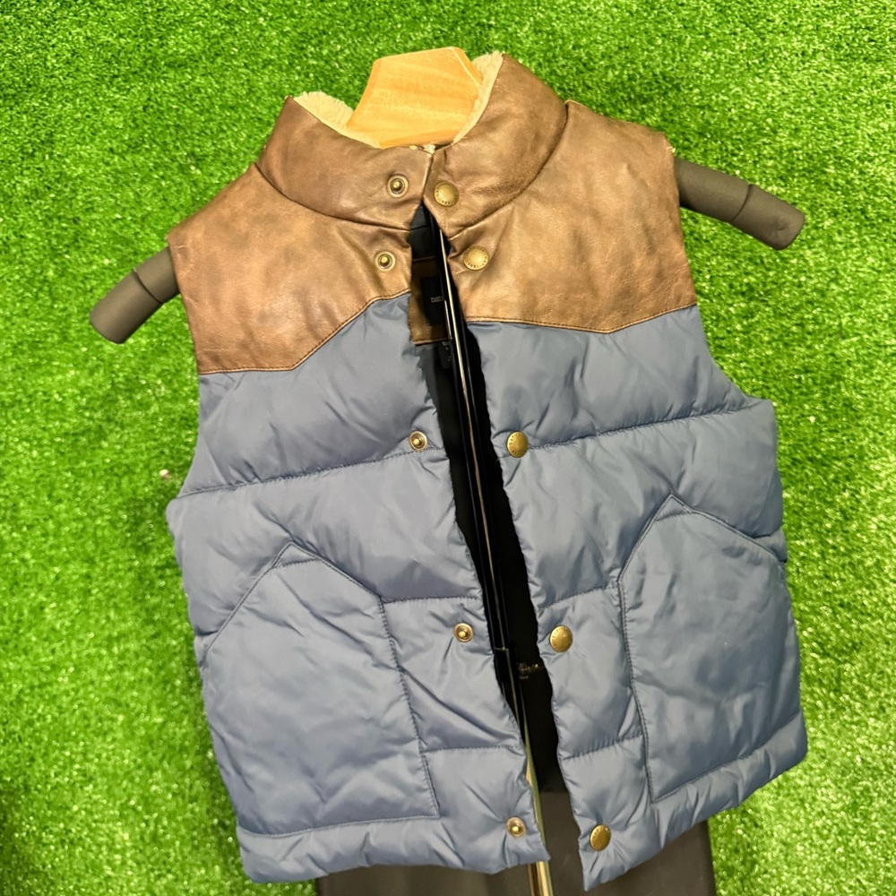 babyGap Kids Puffer Vest Blue Brown Faux Leather Yoke